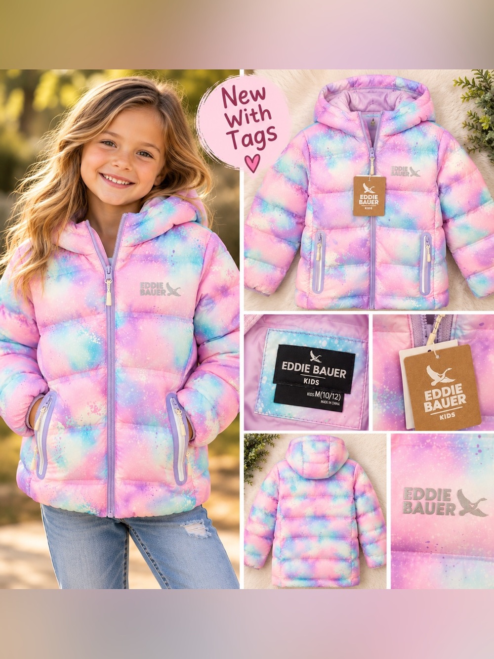 Eddie Bauer Kids Pastel Puffer Jacket Size 10/12 NWT